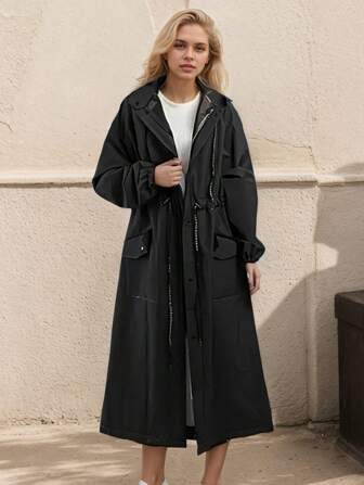 1pc Fashionable Breathable Adult Waterproof Long Raincoat, Outdoor Hiking Fishing Thickened Drawstring Slim Raincoat, Waterproof And Rainproof Lightweight Hooded Raincoat