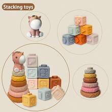13Pcs Interlocking Rings & Blocks Building Toys, Stacking & Nesting With Unicorn Patterns, Essential Squeeze Teething Toys For Newborns, Gift For 6-12-18 Months Babies & Toddler Girls - Multicolor - View 3