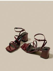 Sandalias de plataforma y tacón ancho con punta abierta y cordones, color borgoña, para mujer, zapatos de verano