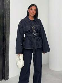 SHIBASHAN 女款超大休闲翻领牛仔夹克配腰带长袖单排扣外套