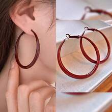 1 件红色环形耳环，高品质简约设计夹式耳环，适合女士，无需穿孔