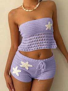 Women 2 Piece Crochet Set Strapless Crosscriss Tie Up Backless Hollow Out Crop Tube Top Low Rise Drawstring Mini Shorts Floral Patched Beachwear - 紫色 - 查看 2