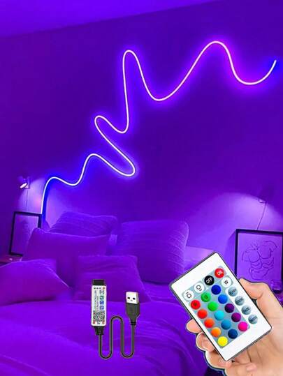 1 24-Key Remote Control RGB LED Neon Strip - Dimmable, Flexible Silicone For Signs, Bedrooms, Playrooms And Party Decorations