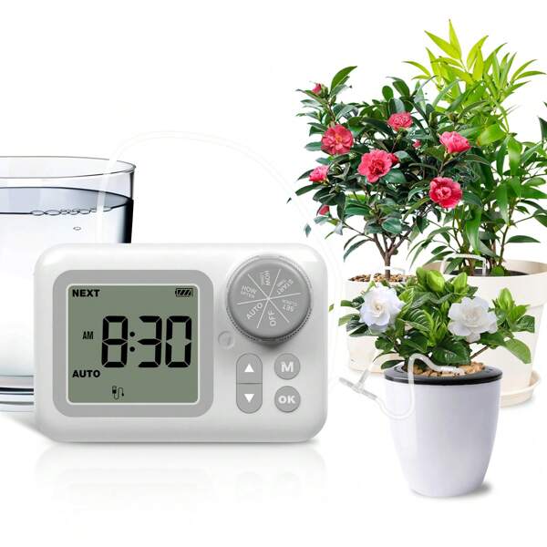 Geevon Automatisches Bewässerungsset Selbstbewässerungssystem für 15 Töpfe, Dualstromnetzbetrieb, Pflanzen Bewässerungsgerät mit Wasserstandserkennung, Timer, LED-Anzeige, geeignet für Balkon, Gewächshaus, Anti-Absorption