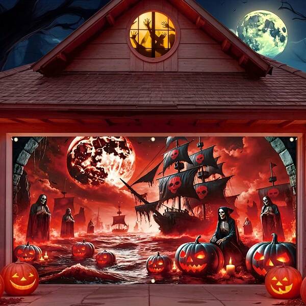 لافتة بانر باب 2D ،1 هالوين أرعن قراصنة ورأس قرع دامي من البوليستر لتغطية باب الجراج - ديكور متعدد الاستخدامات ذو موضوع رعب للجدار الخارجي، لا يحتاج لكهرباء، بوليستر 100% متين، ديكور حفلة مرعبة | موضوع رعب للديكور | ديكور مقاوم للطقس، ديكور هالوين