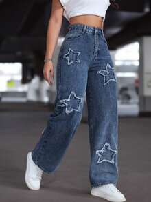 Women's Y2K Baggy Straight Jeans With Pockets, Star Patch Denim Pants, Casual Versatile Streetwear Trousers - 深色水洗藍 - 查看 5