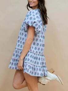 Women V Neck Floral Print Short Dress Summer Slim Fit Short Sleeve Y2K Striped Casual A Line Dresses With Pockets Aesthetic Clothes Beach Streetwear - 中等水洗藍 - 查看 4