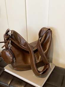 美拉德色时尚休闲女士斜挎单肩包，带零钱包，柔软 PU 材质，适合日常通勤