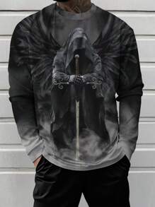 Camiseta Manga Longa Gola Careca com Estampa Gráfica de Ceifador Escuro Masculina