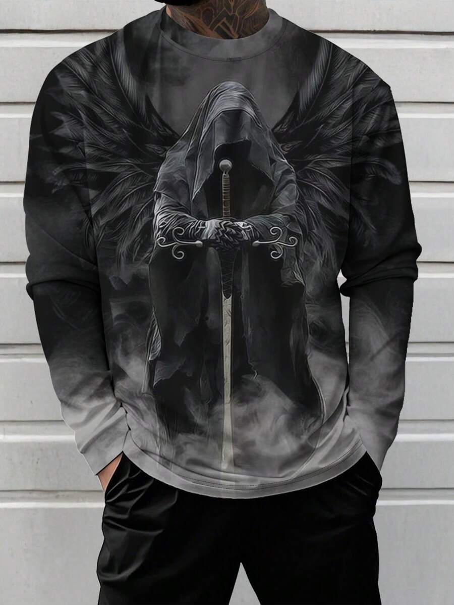 Camiseta Manga Longa Gola Careca com Estampa Gráfica de Ceifador Escuro Masculina