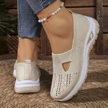 女士休闲透气一脚蹬步行运动鞋 - 纯色面料鞋面，镂空设计，轻质 PU 鞋底，四季舒适鞋，平头低帮平底鞋