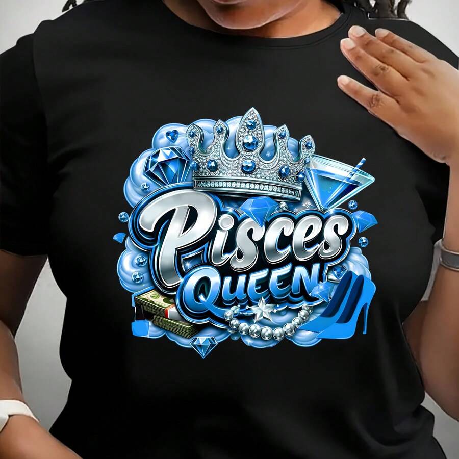 100% Cotton Pisces Letter Printed T-Shirt, Women's Blue Constellation Pattern Short-Sleeved Round Neck T-Shirt - 黑色 - 查看 1