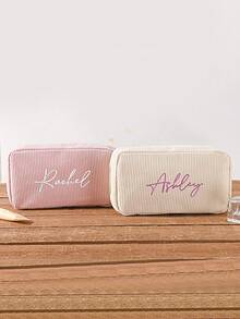 可定制刺绣名字复古灯芯绒化妆包 - 复古纹理手拿包，带拉链的超大旅行洗漱用品收纳包，适合健身房/瑜伽/周末旅行的简约化妆包 - 彩色 - 查看 6