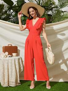 Elegante Mono De Piernas Anchas De Color Sólido Con Olan Para Mujer - Naranja Coral - Ver 4