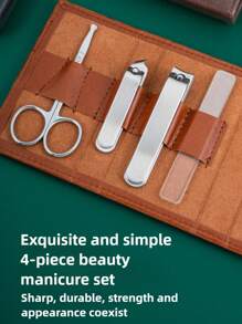 4Pcs Set Stainless Steel Nail Clipper Set With 3 Color Stylish Leather Case Options - Includes Nose Scissors And Nail File, Perfect For Travel And Gifts