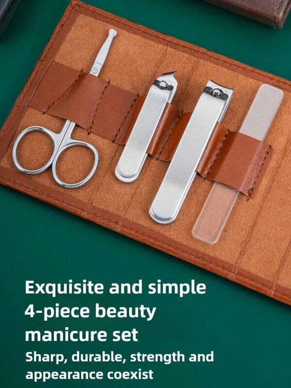 4 Pcs Set 420 Stainless Steel Nail Clipper Set With 3 Color Stylish Leather Case Options - Includes Nose Scissors + Nail File, Perfect For Travel & Gifts