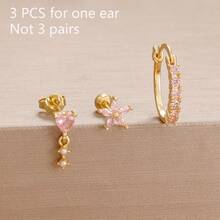 3 件粉色水晶花心形耳环，女士时尚 18K 镀金不锈钢和铜几何耳钉吊坠耳环，奢华珠宝，情人节、妈妈、母亲节礼物 - 3pcs Earrings set - 查看 9