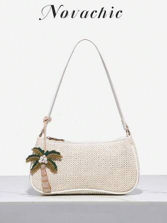 Novachic, Simple Woven Style, Ocean Animal Decorative Pendant With Beaded Chain, Summer Bag, Beachside Resort Style, Women's Zipper Shoulder Bag, Underarm Bag, Hobo Bag, Suitable For Daily And Vacation Use