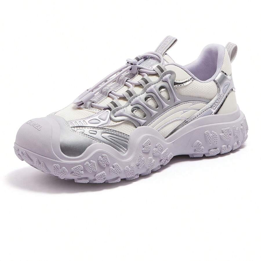 CAMEL CROWN Zapatillas de deporte de mujer para exterior, con bloqueo de color, de moda y elegantes, tipo tenis gruesos para verano, senderismo y caminar - Beige/Plata/Morado - Ver 1