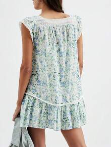 Women Puff Sleeve Short Babydoll Dress Square Neck Flowy Mini Dress Floral Ruffle A Line Summer Sundress - 綠色 - 查看 2