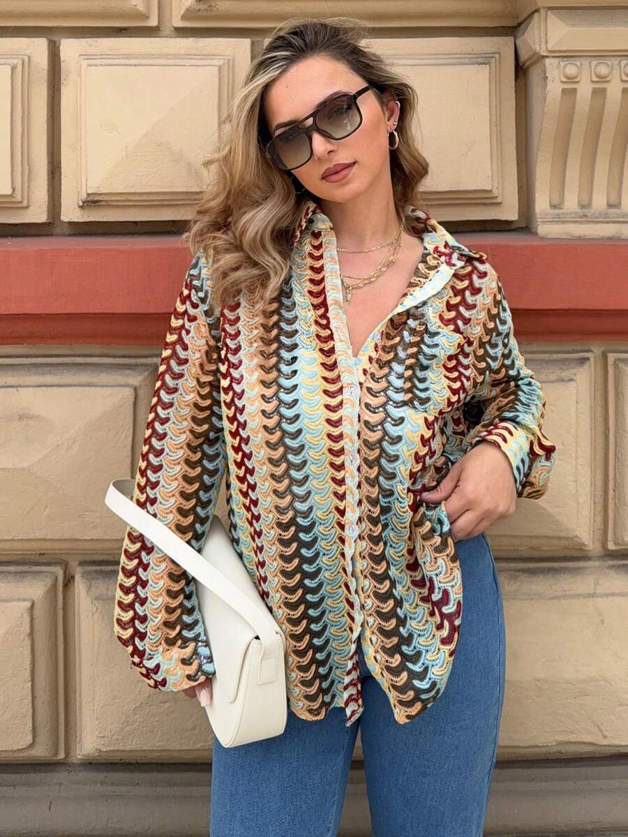 Jeta Ari Camisa holgada de manga larga con patrón texturizado, estilo bohemio de Ibiza, linda y sexy, ideal como ropa de playa y cubrecosturas para traje de baño en verano - Multicolor - Ver 1