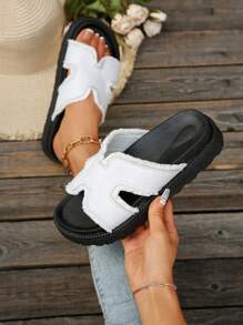 Women's Fashion Versatile White Tassel Edged Casual Vacation Style Platform Slide Sandals, Simple Design For Outdoor Wear, Thick Soles