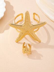 1 set de bracelet ouvert géométrique en forme d'étoile de mer et 1 bague ouverte en forme d'étoile de mer, convenant pour un port quotidien et pour les vacances pour femmes