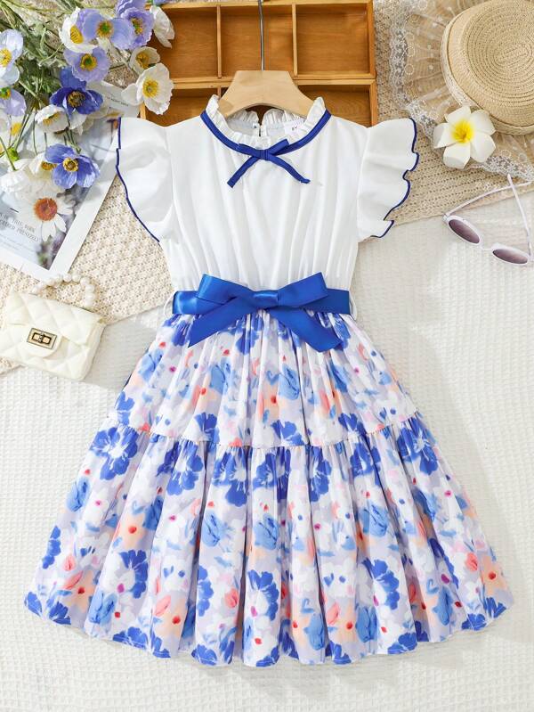Vestido de niña preadolescente de manga corta con estampado floral y cuello de mariposa a la cintura