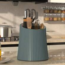 1pc Multifunctional 360° Rotating Kitchen Utensil Holder, Large Capacity, Simple Design (Excluding Knives, Spoons And Chopsticks), Multiple Colors Available, Cylindrical Shape With Vertical Lines, Can Store Knives, Spoons And Chopsticks, Plastic Material, Suitable For Everyday Kitchen Use