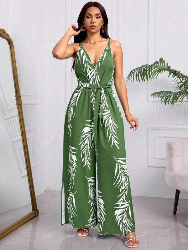 Mono De Tirantes Con Estampados Tropicales Para Dama, Mono De Pernera Ancha Con Abertura Hasta El Muslo