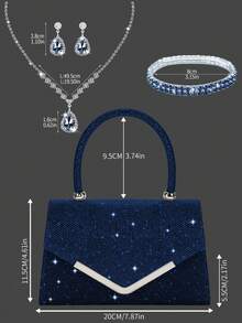 闪亮、优雅、时尚、迷人的水钻翻盖手提包,精致的女士晚宴包,搭配闪光水钻首饰三件套,奢华精致的水钻项链、手链和耳环,搭配婚纱、派对礼服、毕业礼服,适合女士派对、婚礼、晚宴、宴会晚宴包。 - 藏蓝色 - 查看 4