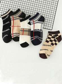 5/10 Pairs Ladies Short Socks With Letter & Stripe Pattern, Lightweight Luxury French Vintage Fashionable Versatile, Spring/Summer