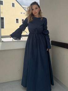 Jeta Ari Autumn New Arrival Pleated Tie Cuff Extra Long Lantern Sleeve Flowy Hem Casual Loose Cotton Dress, Neutral Color, Comfortable And Suitable For Autumn/Winter - Navy Blue - View 7