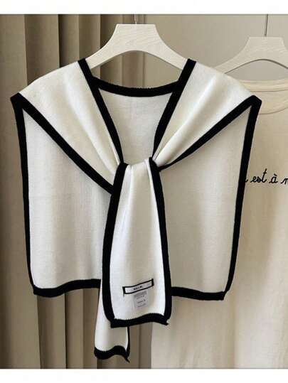 1pc Women Knit Poncho, Patchwork V-Neck Tie Front Shawl, Outdoor Fashion Ladies Scarf