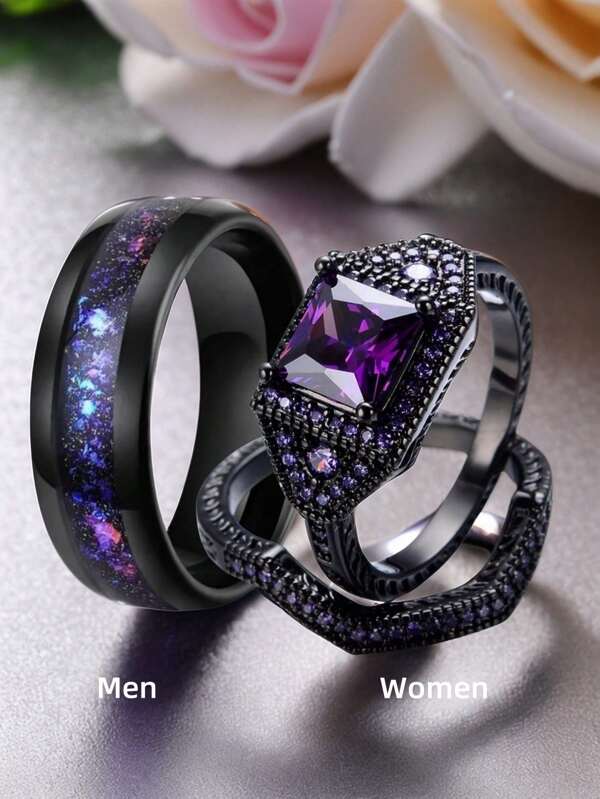 Juego de anillos de compromiso con gemas de circonita de estilo elegante en color púrpura, anillos de boda de corte cojín sintético, joyería para mujeres
