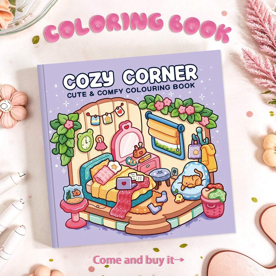 【手绘减压】舒适角落疗愈放松24页涂色书 | 初学者描线+减压涂鸦，成人及青少年涂色书，简约大尺寸放松图案，可爱动物角色减压，厚实不透明，适合文具、学习用品，送给女孩、婚礼季、母亲节的完美礼物