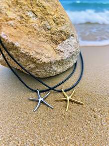 1pc Simple And Exquisite Starfish Pendant Necklace, Black Leather Rope Sexy Chain Suitable For Women's Daily Wear, Beach Jewelry Gift