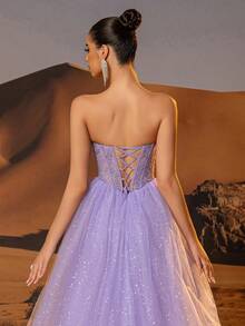 Strapless Sparkly Lace Embroidery Prom Gown With Boned Tulle Corset Glitterin Hem Homecoming Dresses A Line Long Elaborate Lace Sequin Party Ball Gown - 淡紫色 - 查看 8