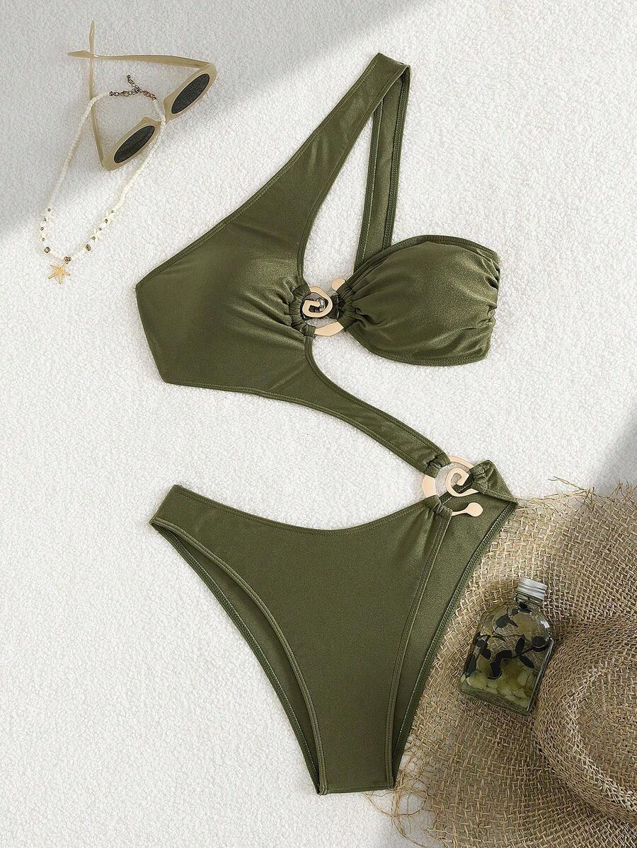 1pc Elegant Solid Color Sexy Hollow Out Knitted Fabric Women One Piece Swimsuit