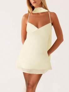 Women Y2K Floral Mini Dress With Choker Scarf Spaghtti Strap V-Neck Low Cut Mesh Bodycon Short Dresses Summer Backless Sleeveless Going Out Cami Dress Beach Vacation Party Club Cute Sundress - 黃色 - 查看 1