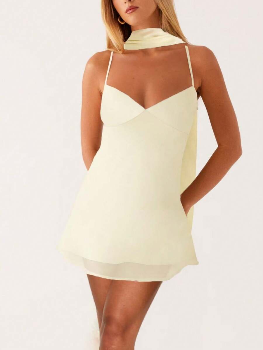Women Y2K Floral Mini Dress With Choker Scarf Spaghtti Strap V-Neck Low Cut Mesh Bodycon Short Dresses Summer Backless Sleeveless Going Out Cami Dress Beach Vacation Party Club Cute Sundress - 黃色 - 查看 1