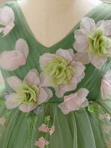 Baby Girls V-Neck 3D Floral Embroidered Mesh Princess Dress, Suitable For Party, Flower Girl, Wedding, Does Not Include Headband - 綠色 - 查看 6