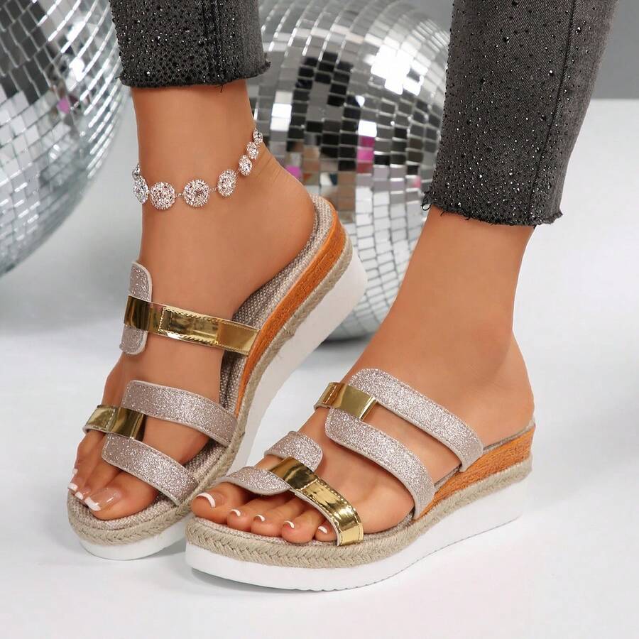 2025年夏季复古厚底坡跟高跟凉鞋，女士交叉绑带编织罗马鞋