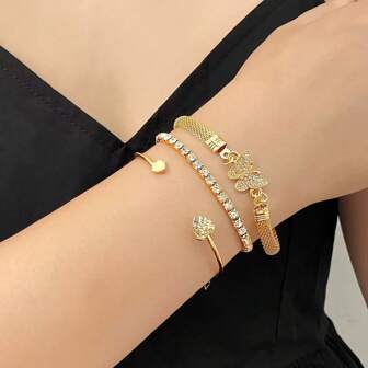 Korean Rhinestoned Butterfly & Heart Openwork Bracelet, Vintage Luxurious Lucky Bracelet Set