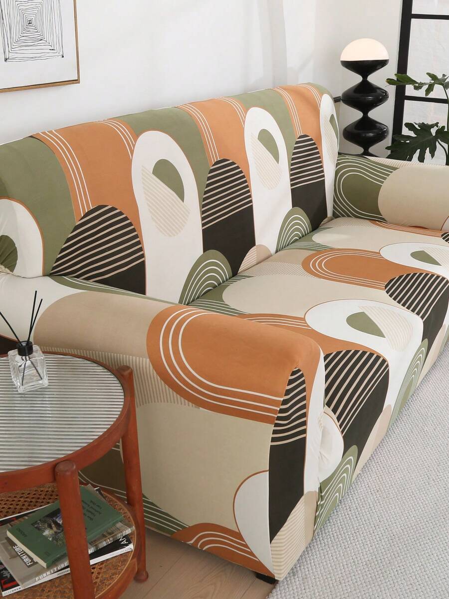 1pc Geometric Pattern Stretch Sofa Cover, Suitable For All Seasons, Protects Sofa And Decorates Home - Burnt Orange - View 1