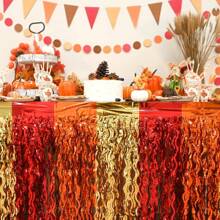 1pc Red, Orange & Gold Metallic Foil Wave Fringe Table Skirt, Fits Rectangular & Round Tables, Thanksgiving Party Harvest Autumn Season Table Decor Gift