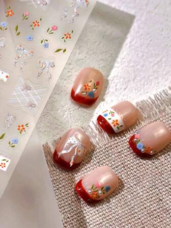 1pc Gold Foil Nail Art Sticker, Floral & Bow Design Jelly Gel Nail Decals