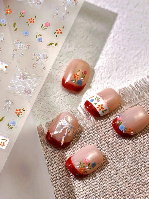 1pc Gold Foil Nail Art Sticker, Floral & Bow Design Jelly Gel Nail Decals