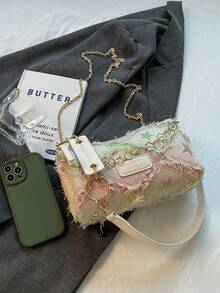 Women's Chain Strap Colorful Five-Pointed Star Color Blocking Canvas Shoulder Bagtrendy Star Print Women Bag