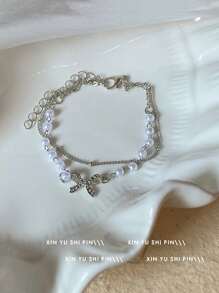 1 pieza Exquisita pulsera de perlas apilables de doble capa con lazo